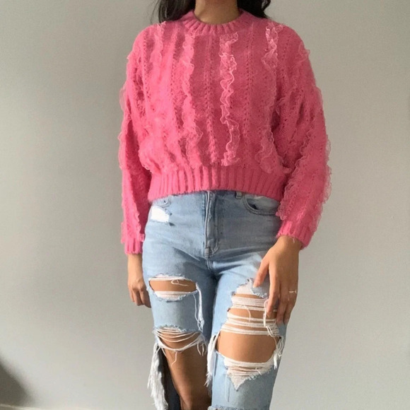 🌸 Zara Pink  Knit Sweater with Lace Accents - Women’s Size SM 🌸 - Picture 1 of 8